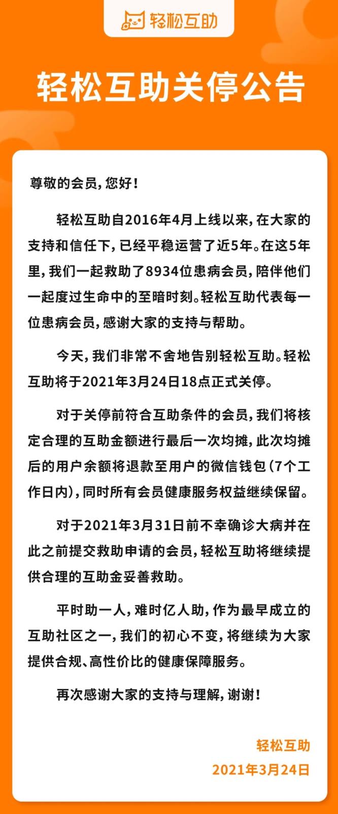 轻松互助宣布关停 网络互助终点在即？
